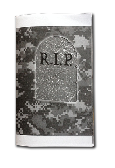 Cover of RIP Zine with an image of a tombstone on it against a white background